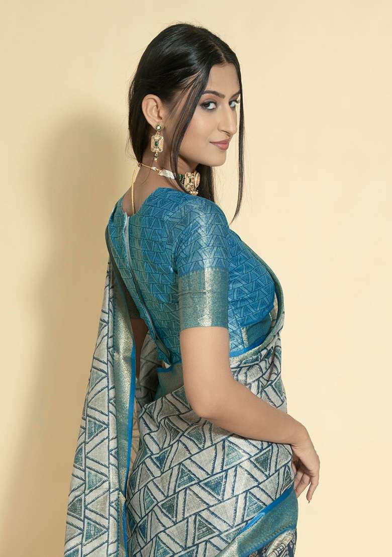 Turquoise Printed Polyester Saree Set - Indya