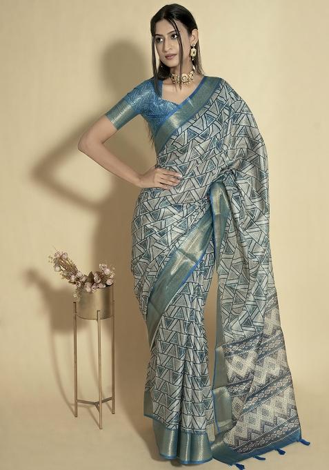 Turquoise Printed Polyester Saree Set