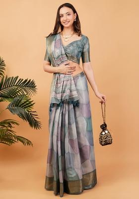 Multicolor Printed Polyester Saree Set