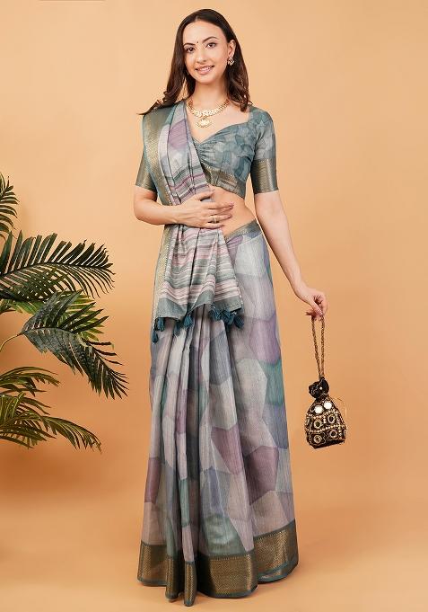 Multicolor Printed Polyester Saree Set