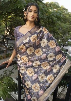 Purple Printed Polyester Saree Set