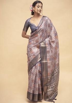 Multicolor Printed Polyester Saree Set
