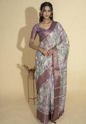 Light Purple Printed Polyester Saree Set