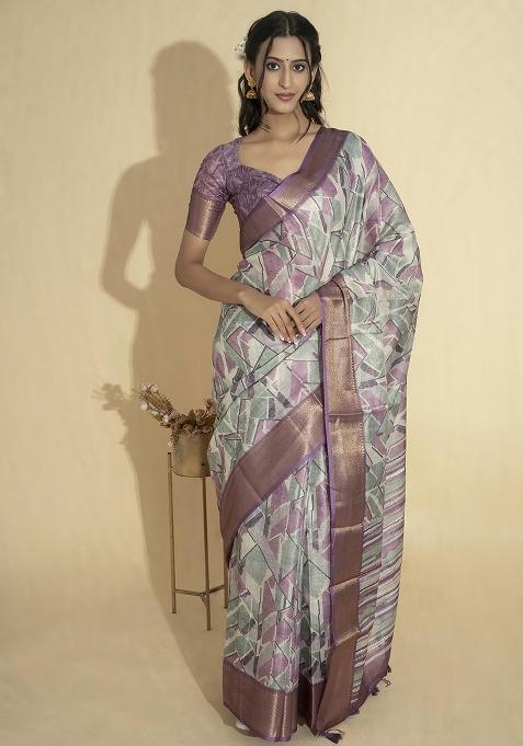 Light Purple Printed Polyester Saree Set