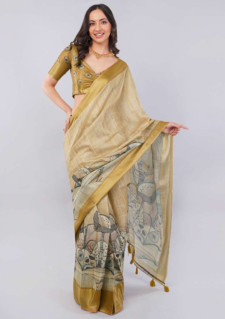 Golden Printed Polyester Saree Set - Indya