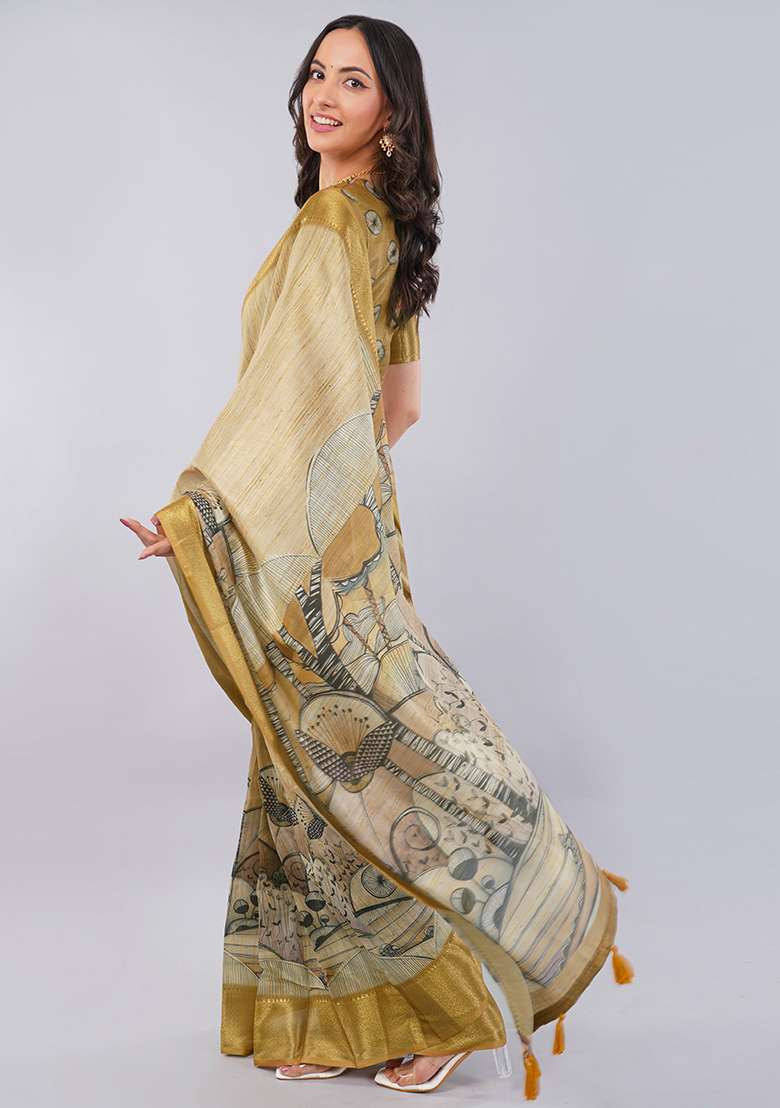 Golden Printed Polyester Saree Set - Indya