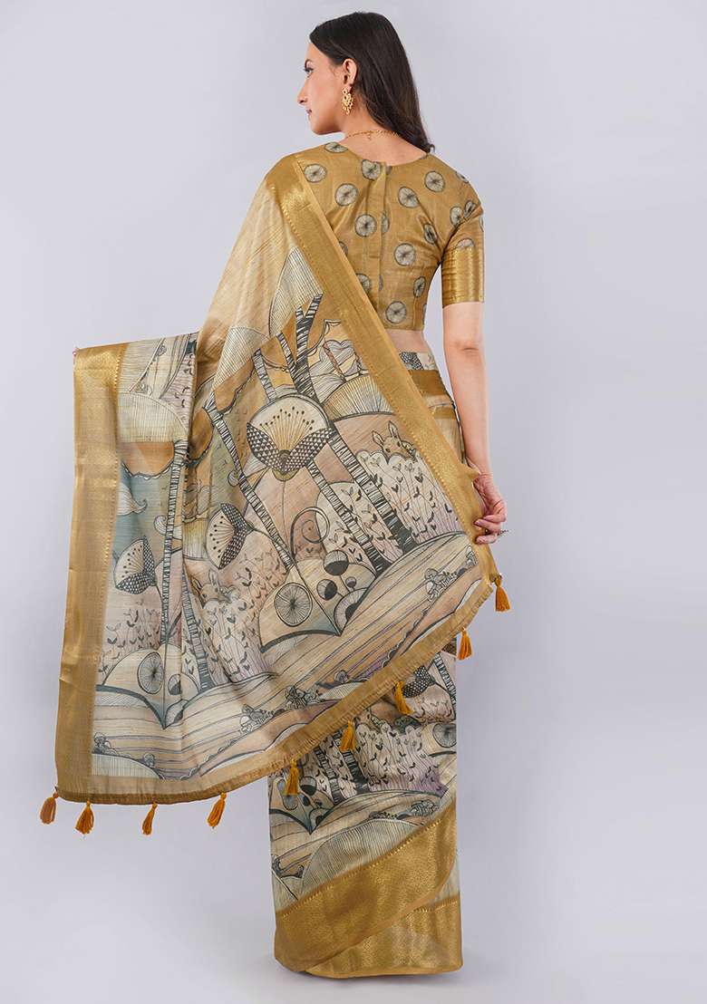 Golden Printed Polyester Saree Set - Indya