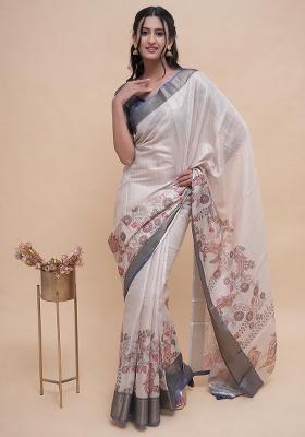 Off White Printed Polyester Saree Set
