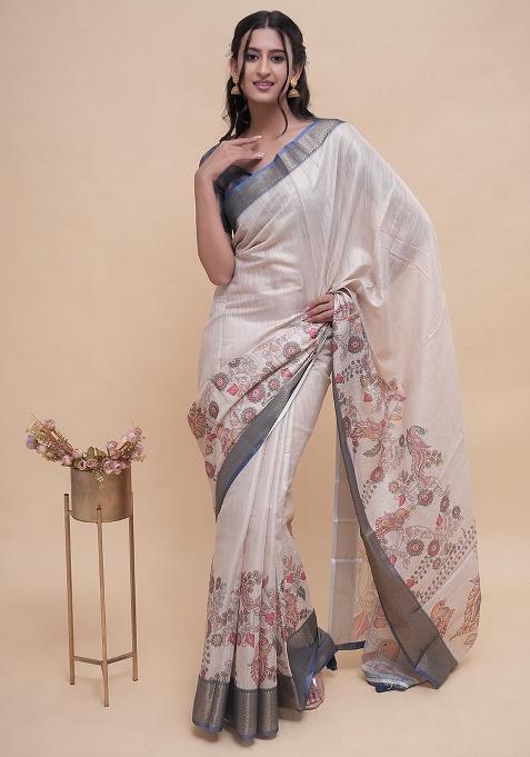 Off White Printed Polyester Saree Set