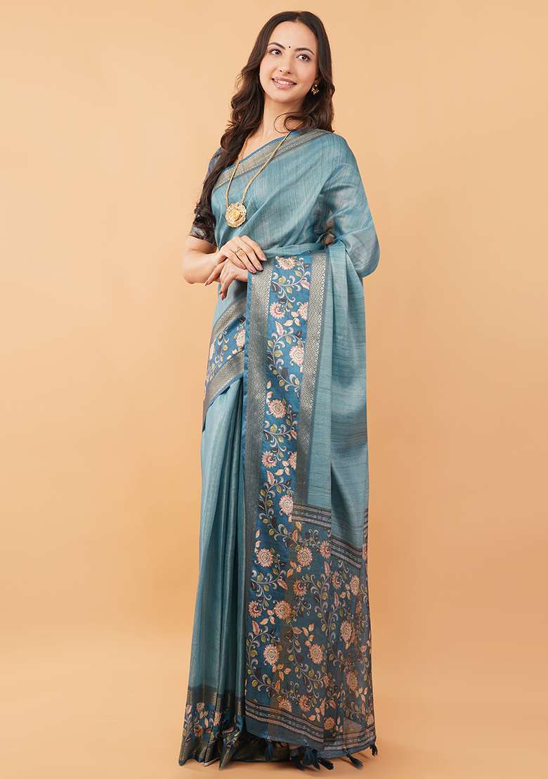 Blue Printed Polyester Saree Set - Indya