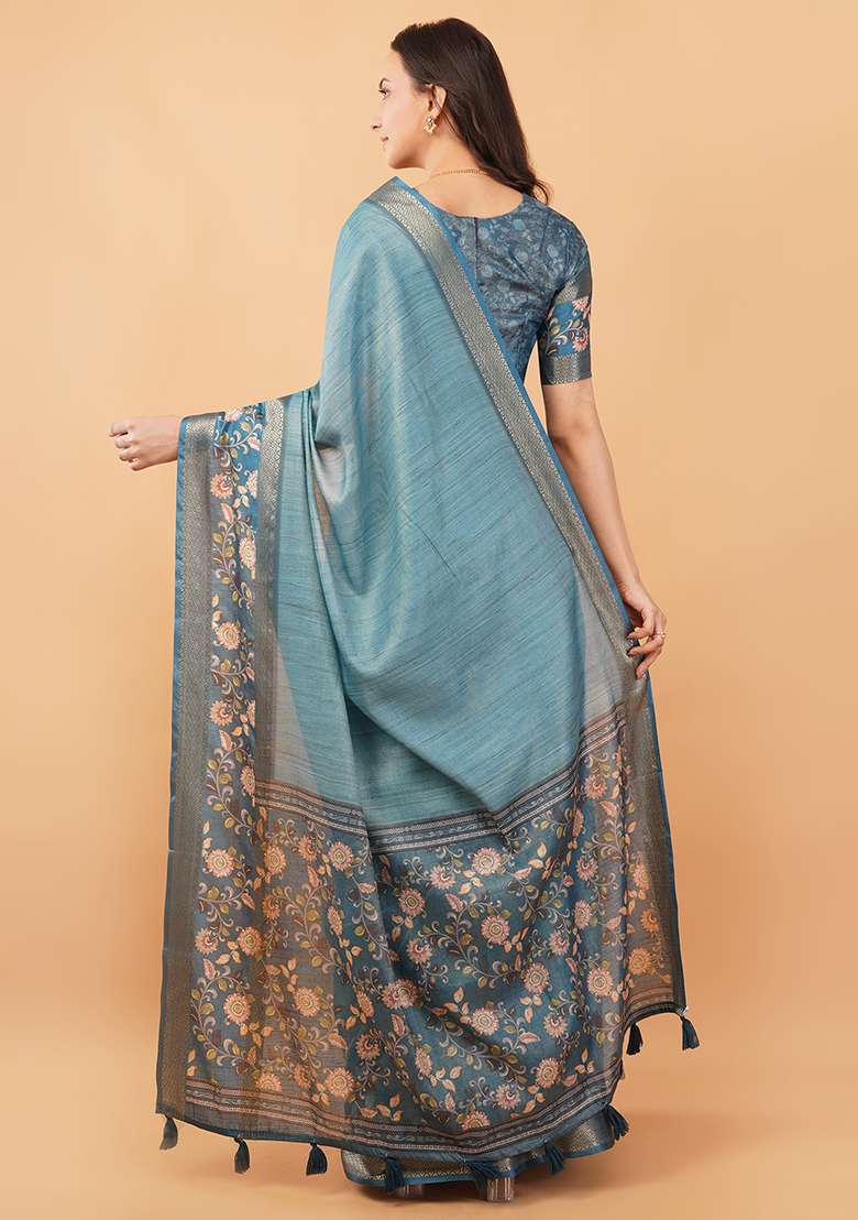 Blue Printed Polyester Saree Set - Indya