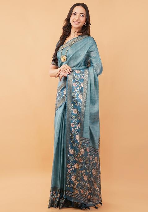 Blue Printed Polyester Saree Set