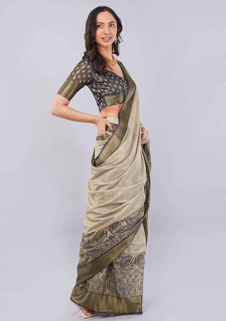 Beige Printed Polyester Saree Set - Indya
