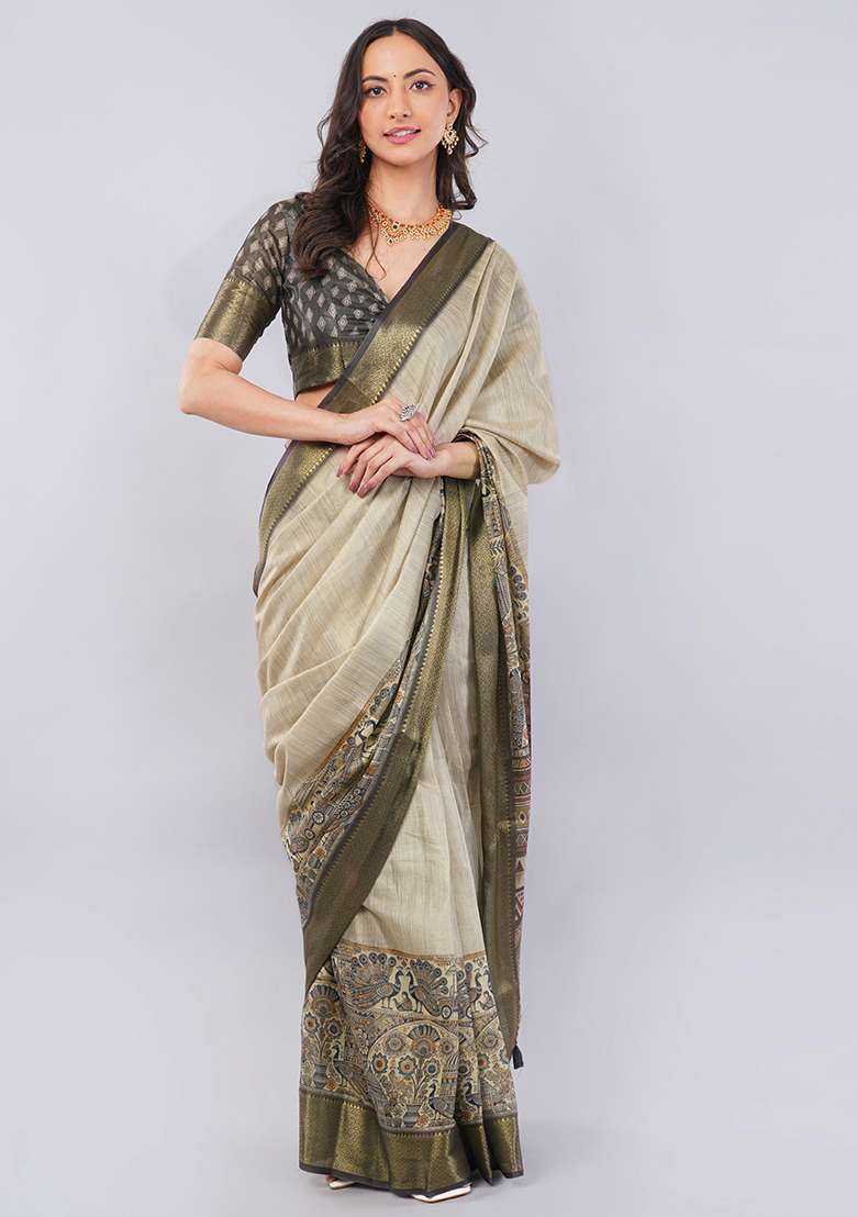 Beige Printed Polyester Saree Set - Indya