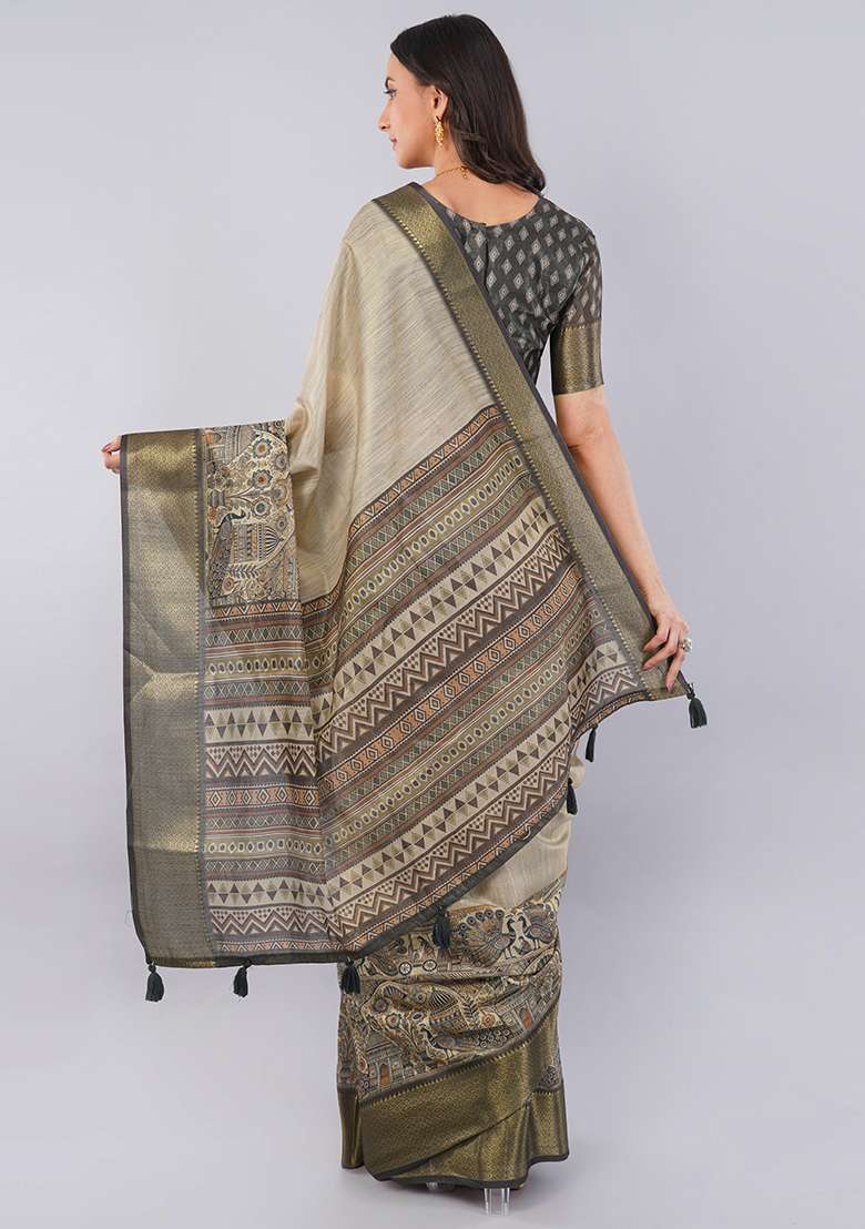 Beige Printed Polyester Saree Set - Indya