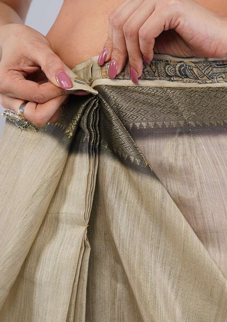 Beige Printed Polyester Saree Set - Indya