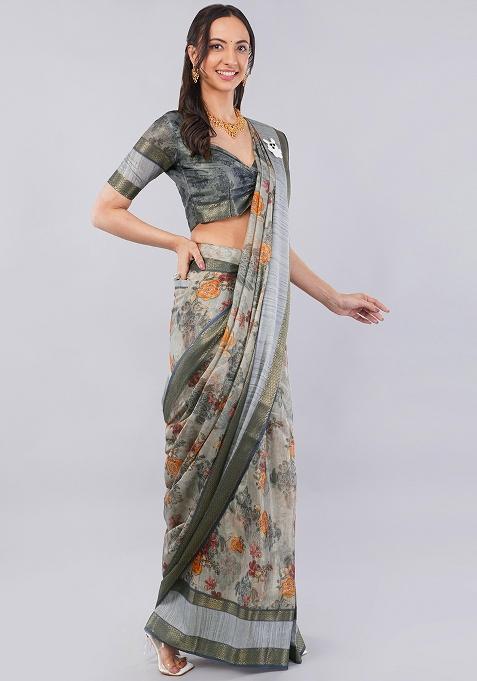 Light Grey Printed Polyester Saree Set