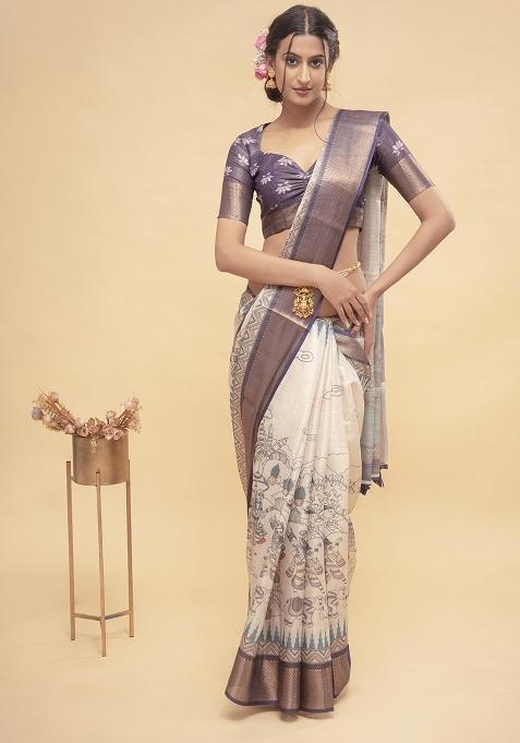 Off White Printed Polyester Saree Set