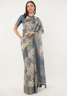Multicolor Printed Polyester Saree Set