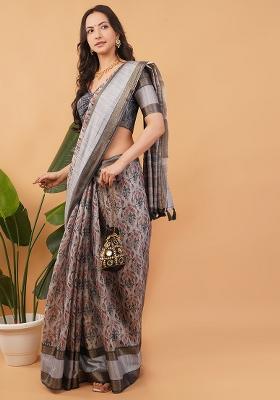 Multicolor Printed Polyester Saree Set