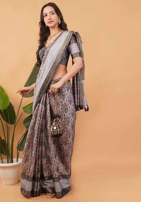 Multicolor Printed Polyester Saree Set