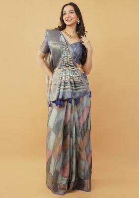 Multicolor Printed Polyester Saree Set