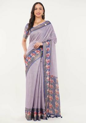 Purple Printed Polyester Saree Set