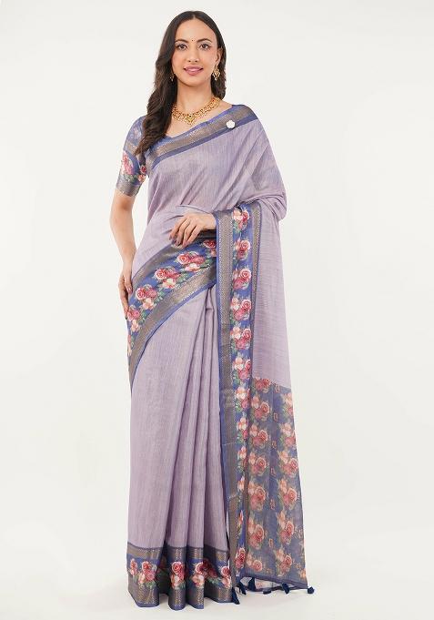 Purple Printed Polyester Saree Set