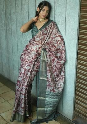 Maroon Printed Polyester Saree Set