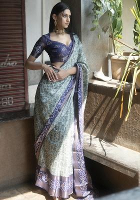 Green Printed Polyester Saree Set