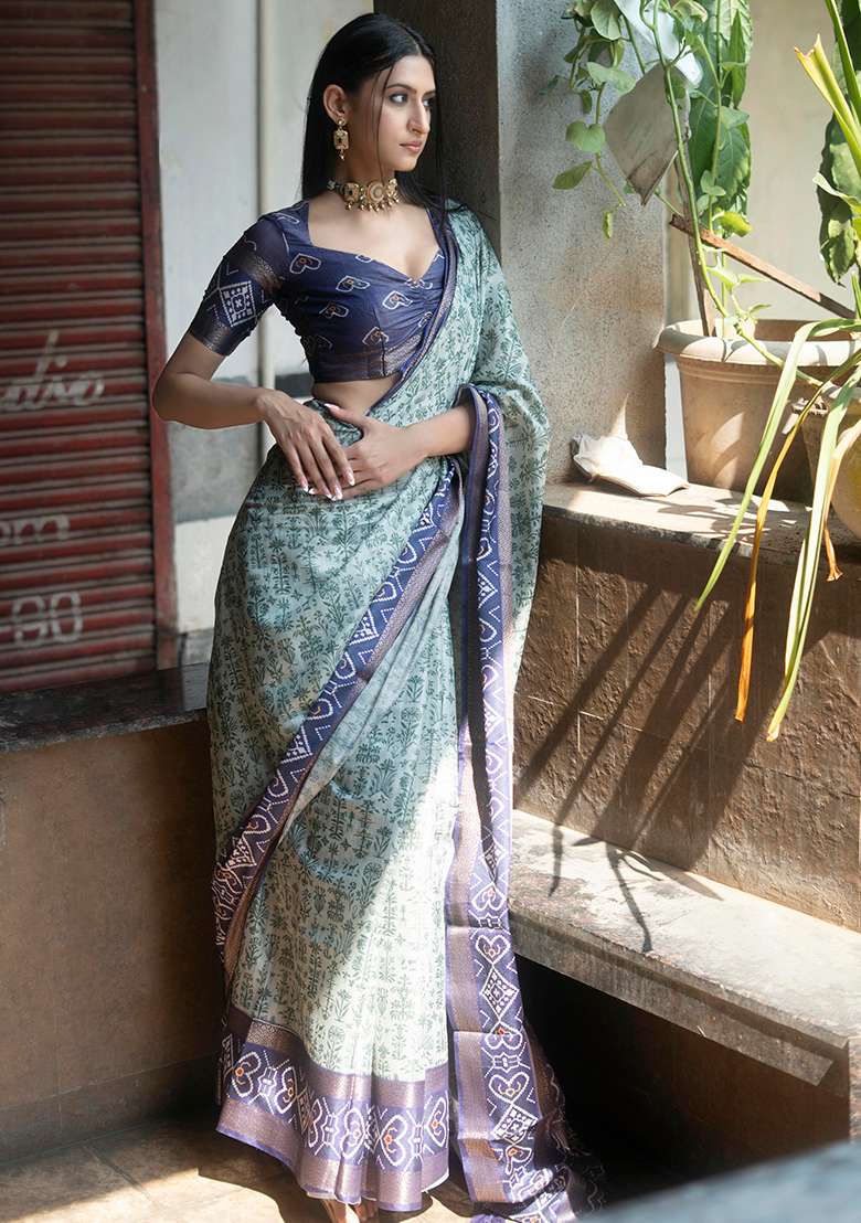 Green Printed Polyester Saree Set - Indya