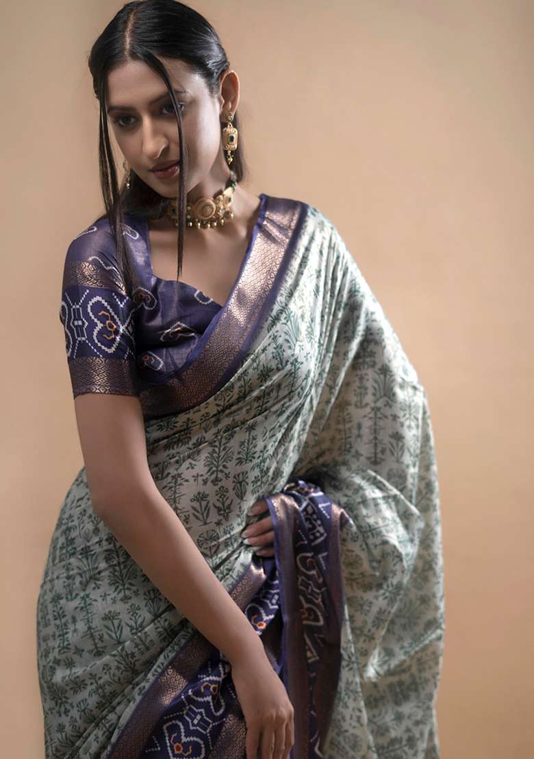 Green Printed Polyester Saree Set - Indya