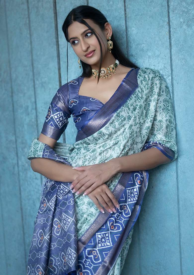 Green Printed Polyester Saree Set - Indya