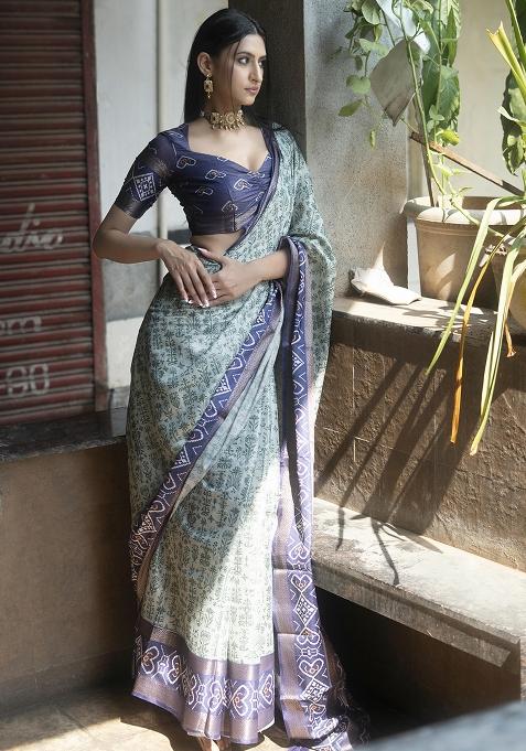 Green Printed Polyester Saree Set