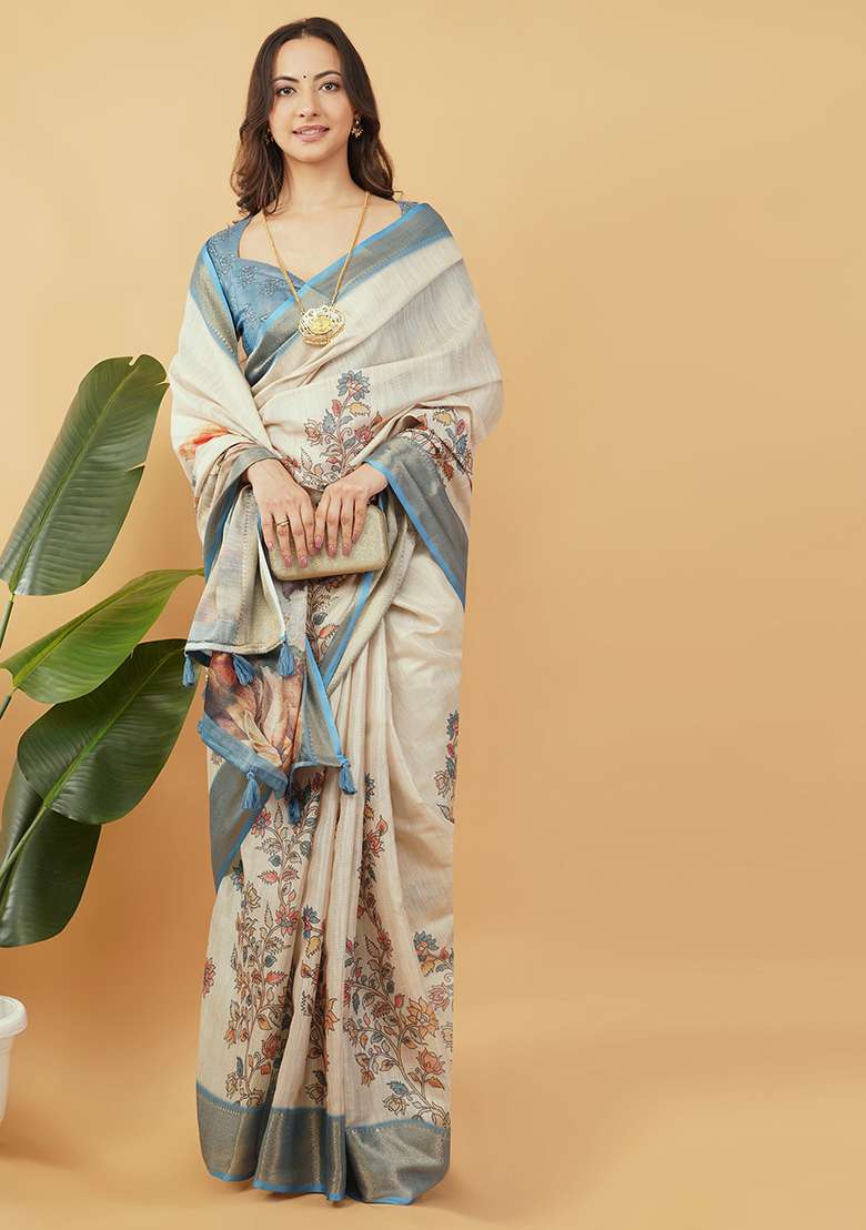 Cream Printed Polyester Saree Set - Indya