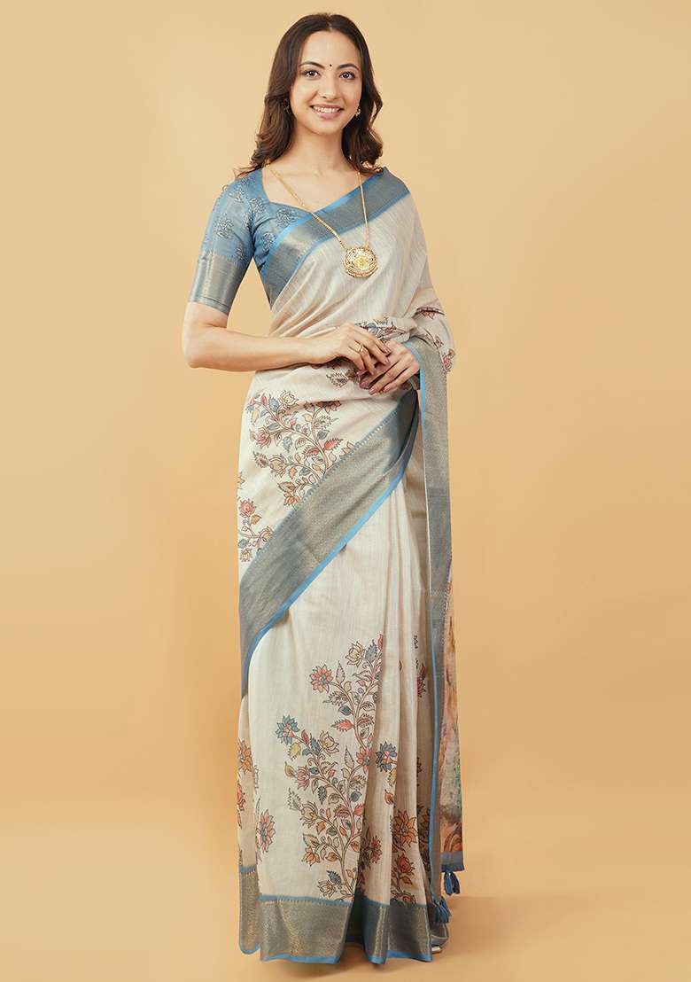 Cream Printed Polyester Saree Set - Indya