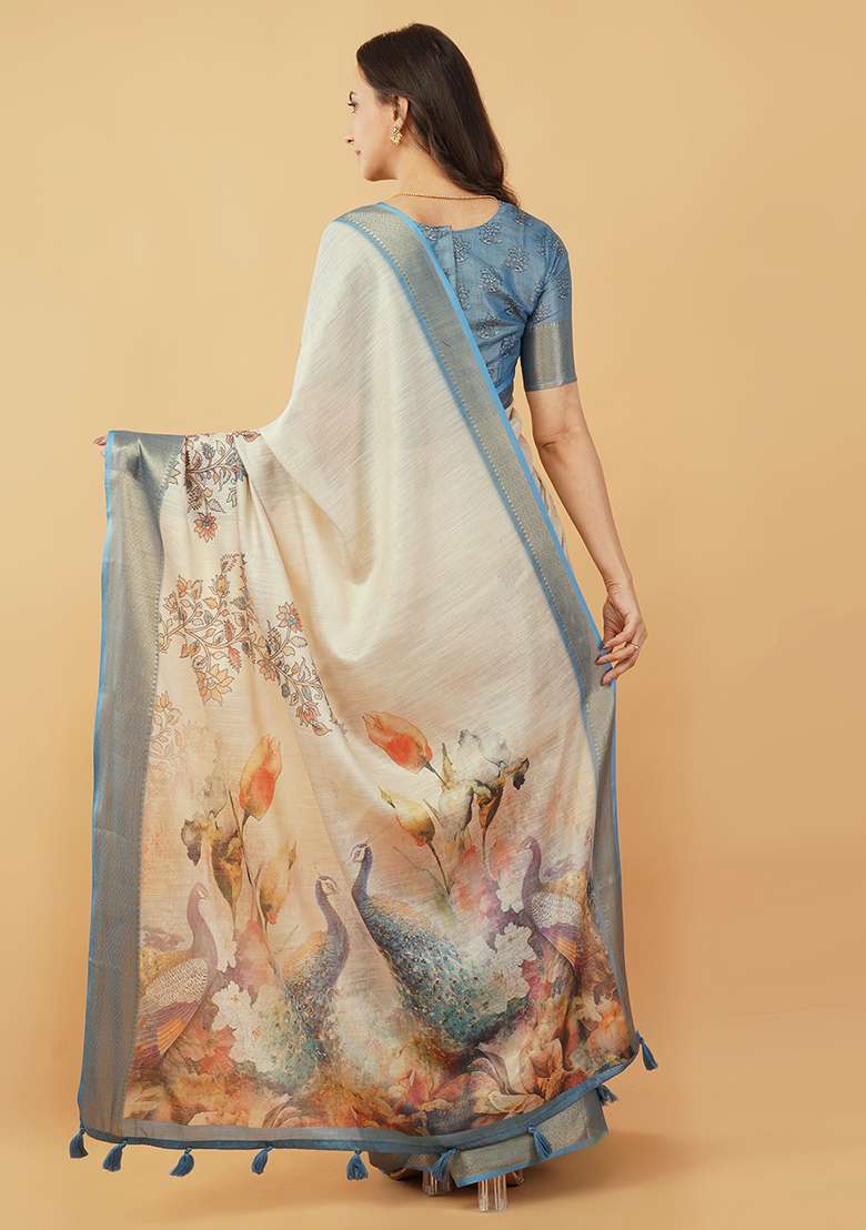 Cream Printed Polyester Saree Set - Indya