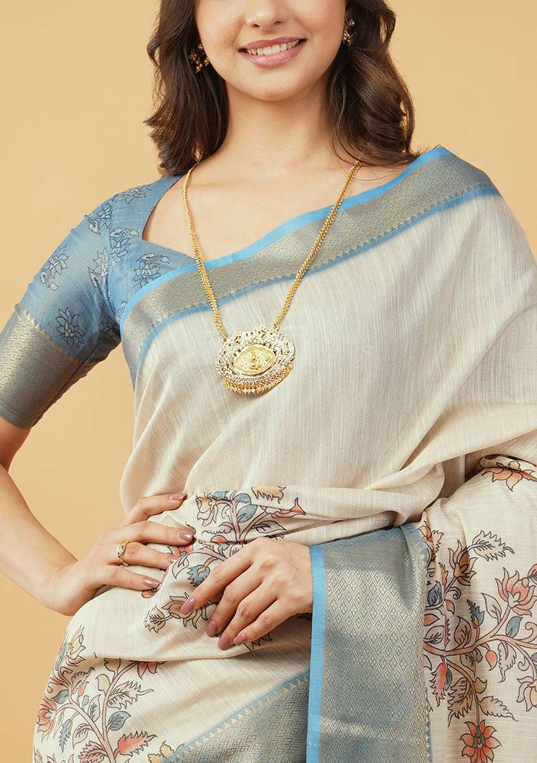 Cream Printed Polyester Saree Set - Indya