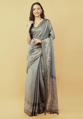 Grey Printed Polyester Saree Set