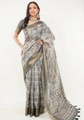 Grey Printed Polyester Saree Set