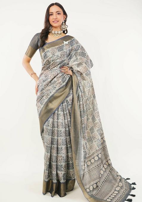Grey Printed Polyester Saree Set
