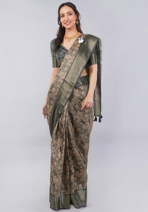 Multicolor Printed Polyester Saree Set
