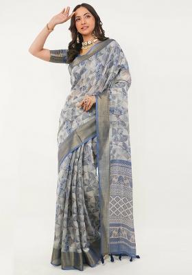Grey Printed Polyester Saree Set