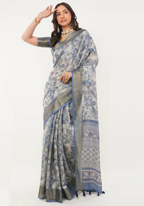 Grey Printed Polyester Saree Set