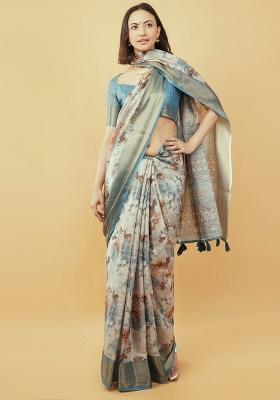 Multicolor Printed Polyester Saree Set