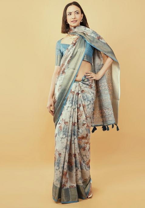Multicolor Printed Polyester Saree Set