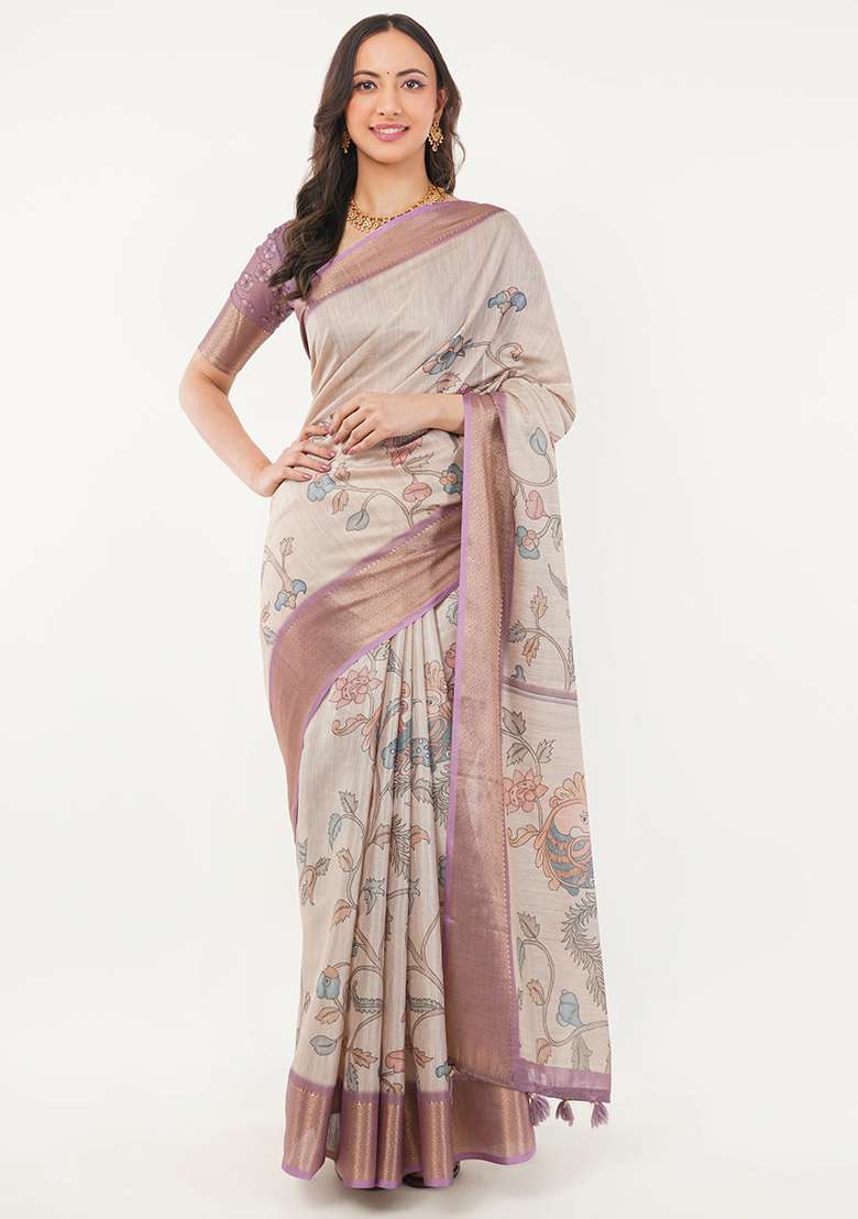 Cream Printed Polyester Saree Set - Indya
