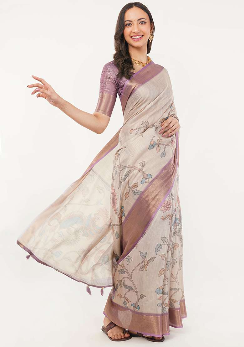 Cream Printed Polyester Saree Set - Indya