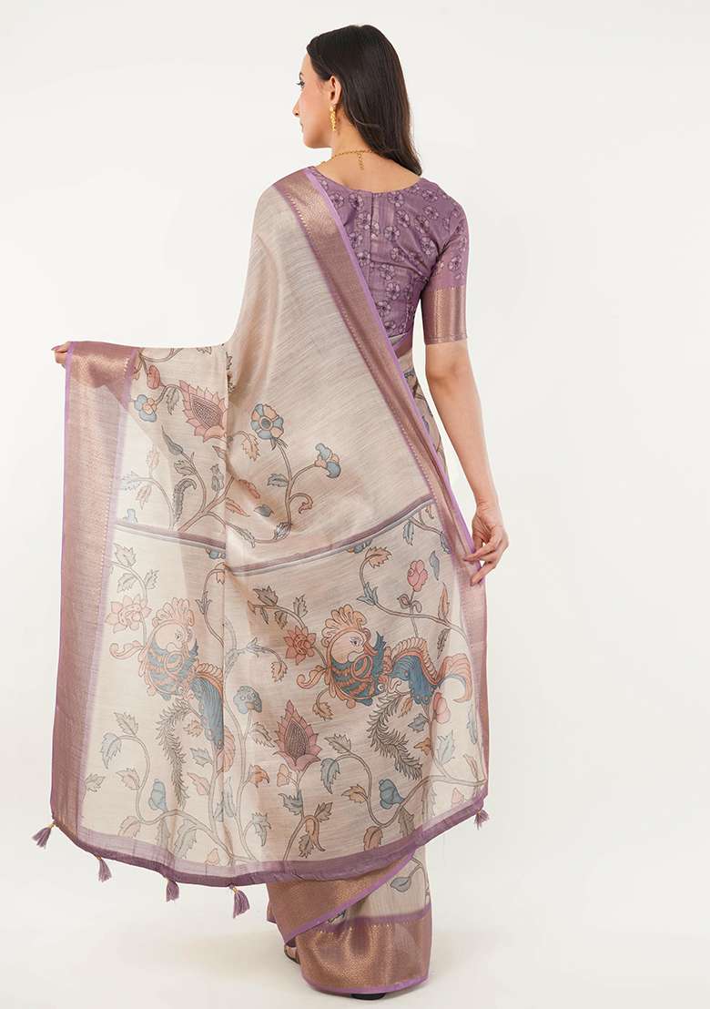 Cream Printed Polyester Saree Set - Indya