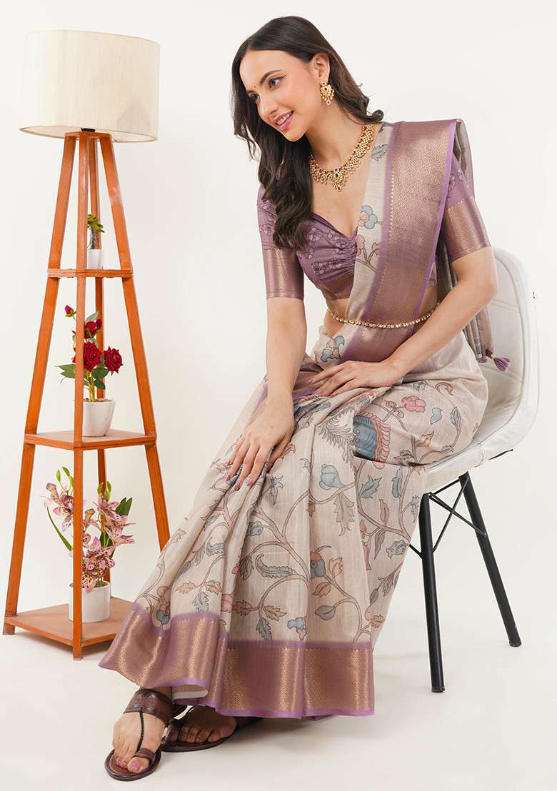 Cream Printed Polyester Saree Set - Indya